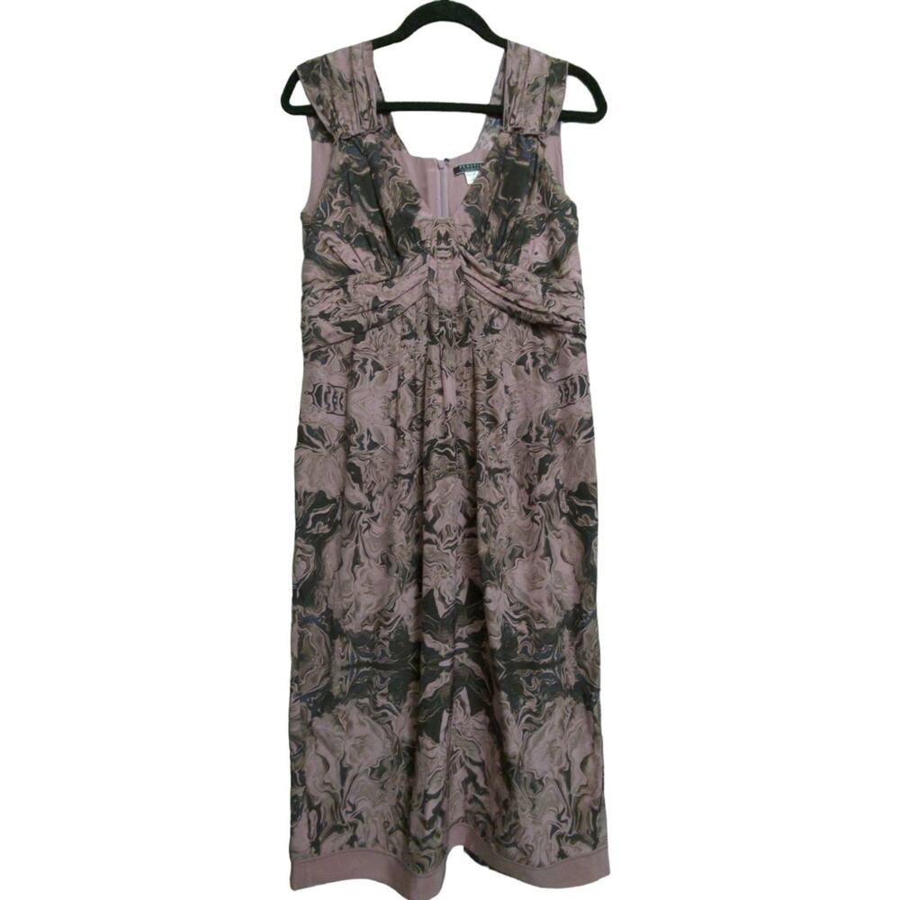 Peruvian Connection Womens Sheath Dress Pink Black Ruched Midi V Neck Silk 10